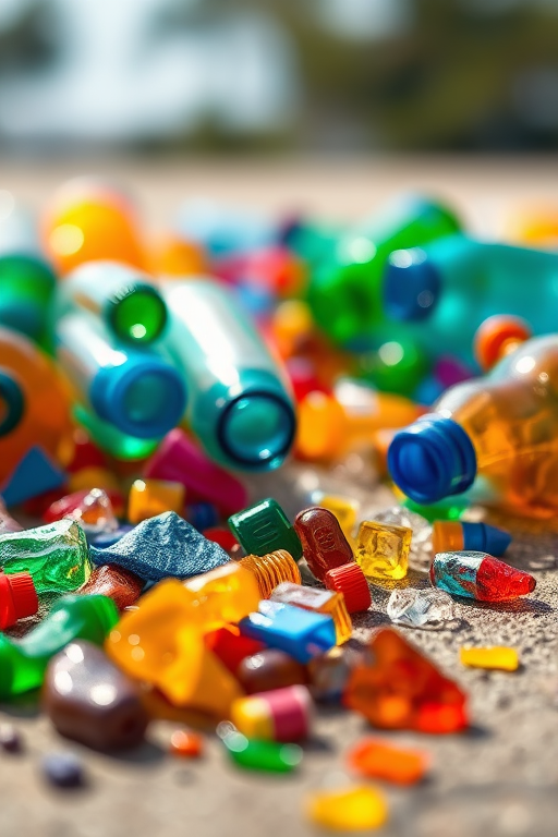 Capture a detailed close-up of a colorful array of plastic bottles and shards on a textured surface under bright natural light, using a DSLR camera with a 50mm lens, f/2.8 aperture, ISO 100, and a shallow depth of field to enhance the vivid colors and create a bokeh effect in the background.