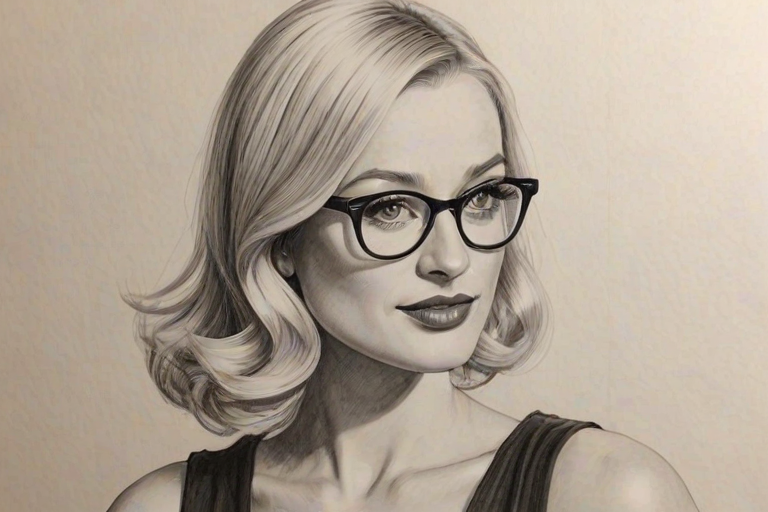Lovely Beth Behrs, pencil sketch, portrait of Dazzling woman 1951s in glasses, hair style beatnik, outline, clear lines, fine lines, 8k