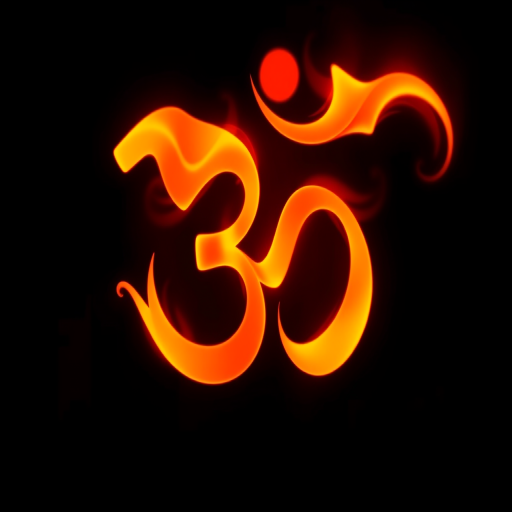 create a vibrant representation of a stylized 'Om' symbol in fiery orange and red hues against a deep black background, captured using a DSLR camera with a 50mm lens at f/1.8, ISO 100, shutter speed 1/200s, with a soft focus effect and high dynamic range to enhance details and contrast.