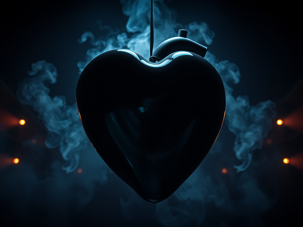 Create a surreal image of a large, glossy black heart suspended in a dark environment with dramatic lighting and smoke, using a Canon EOS R5 camera at f/1.8, 1/100s, ISO 100, with a 50mm lens to enhance clarity and detail, shot from a low angle to emphasize depth and dimension.