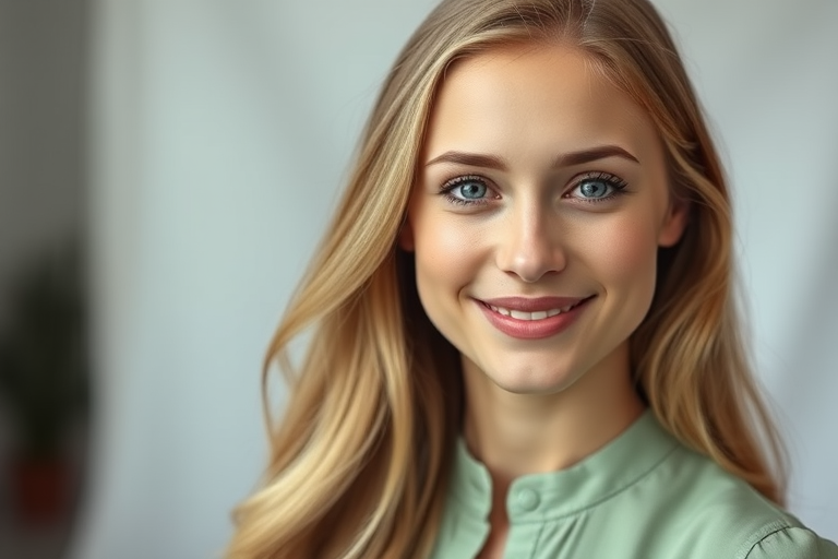 portrait of a young woman with long blonde hair, smiling gently, wearing a light green blouse, soft natural lighting, shallow depth of field, 85mm lens, f/1.8 aperture, ISO 200, slight overcast to reduce harsh shadows, studio background blurred