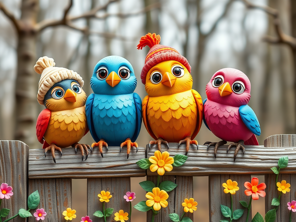 create a scene of 4 quirky  whimsical colourful comical birds each with a funny expression. they are sat on a wooden fence with colourful flowers. they are all different sizes. each one is a different colour  one is wearing a woolly hat. Each one has a different quirky google expression and there is a muted background of trees watercolour paintierly style high definition 8k resolution 3D paper mache