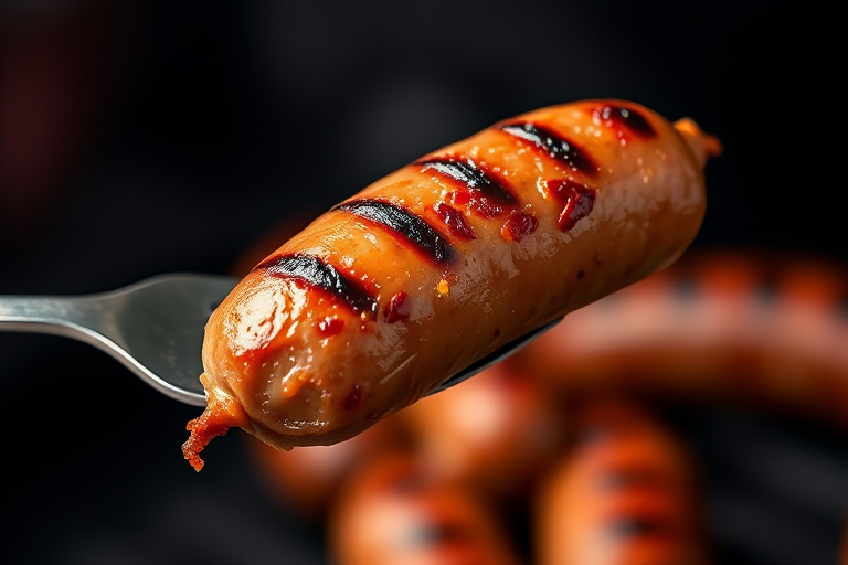 Create a high-resolution image of a grilled sausage on a fork, focusing on the texture and grill marks, using a Canon EOS R5, f/2.8 aperture, 50mm lens, 1/100s shutter speed, natural lighting, and a shallow depth of field for a clean background.