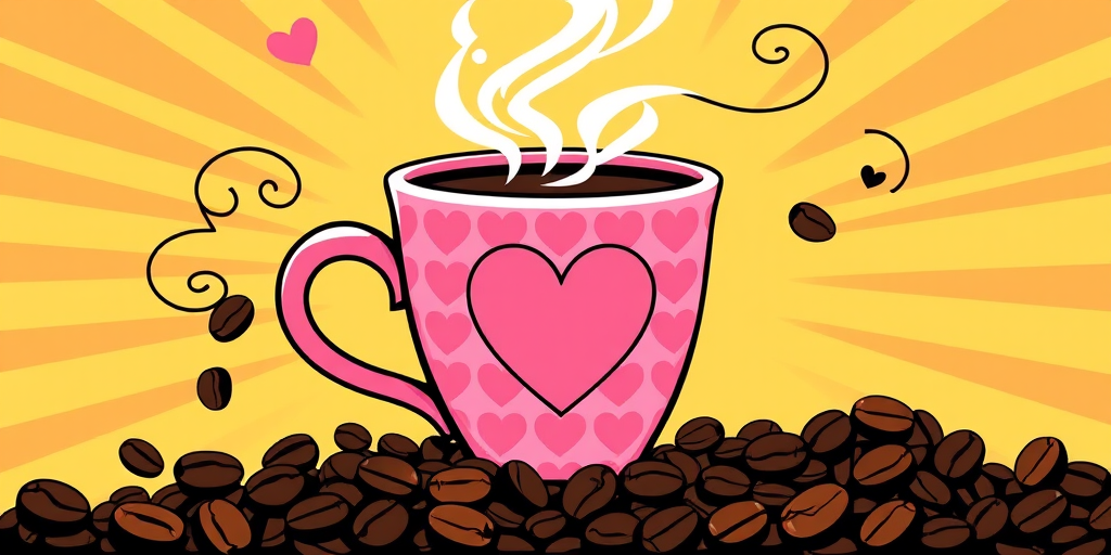 Create a vibrant pop art style illustration of a steaming coffee cup with a pink heart-patterned design, surrounded by coffee beans and whimsical swirls of steam, using a DSLR camera with a 50mm lens, f/2.8 aperture, ISO 100, and a slight vignette effect for added focus.