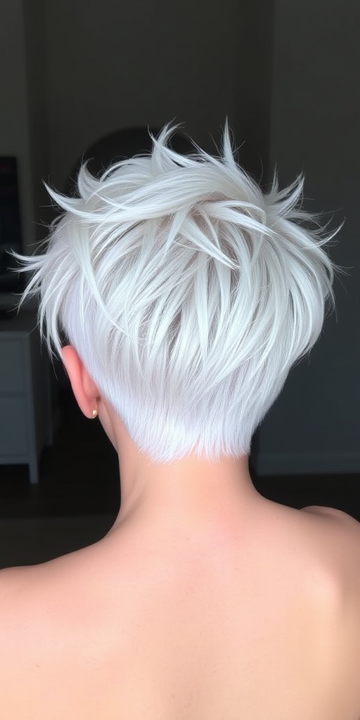 Cool-toned platinum pixie named "Arctic Frost" with icy white highlights and textured spikes, styled for an edgy and modern appearance