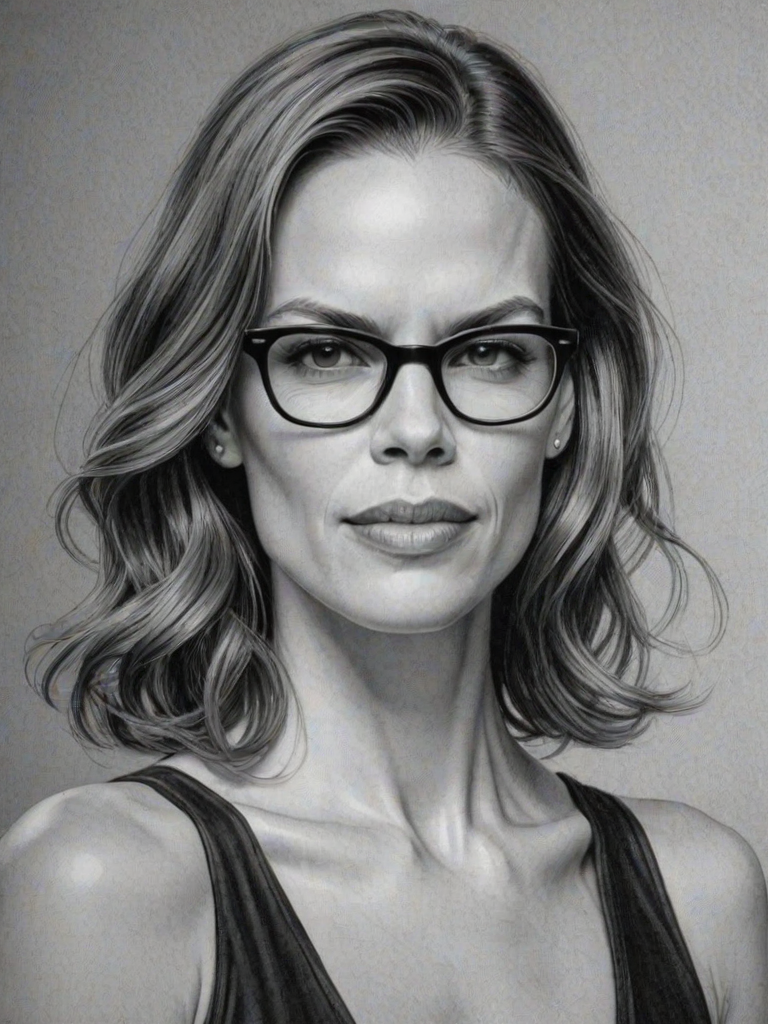 Enchanting Hilary Swank, pencil sketch, portrait of Bewitching woman 1933s in glasses, hair style beatnik, outline, clear lines, fine lines, 8k