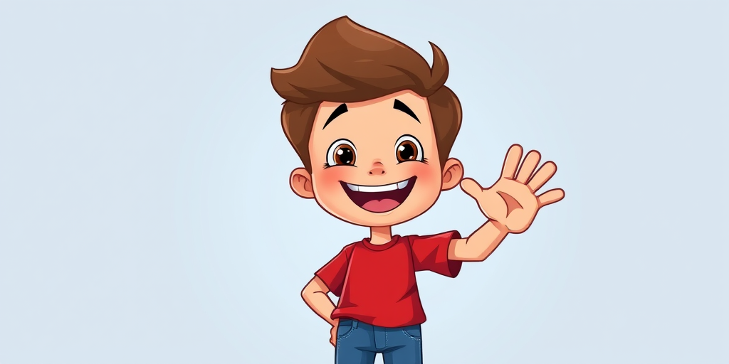 Create a cheerful cartoon of a young boy with a big smile, wearing a red shirt and blue jeans, waving hello, in a vibrant and colorful style, camera settings: f/8, ISO 100, 1/200s, camera view: frontal close-up, camera style: vector illustration, camera type: digital art.