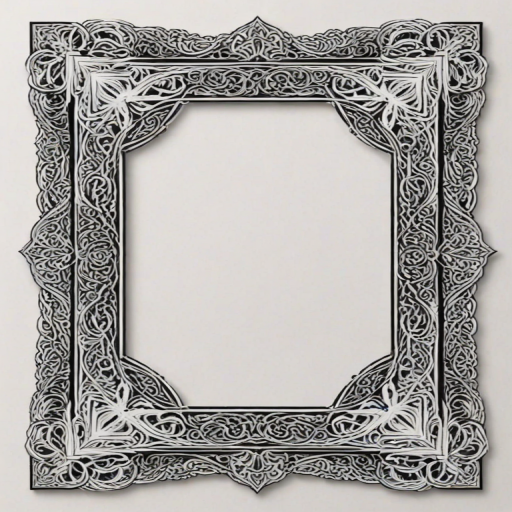 create a black and white geometric frame with intricate patterns at the corners and a blank center for text