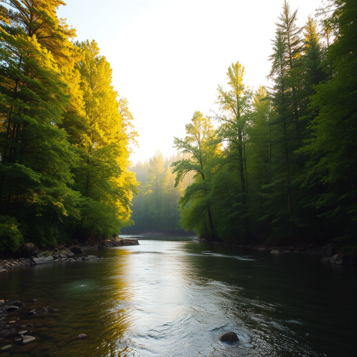 Create an image of a serene, sunlit forest scene with a clear, gently flowing river. Tall trees with lush green foliage line both sides of the river, their leaves bathed in the warm golden light of the setting or rising sun. The sunlight filters through the trees, casting soft, dappled light on the river, which flows over smooth rocks and pebbles, creating a peaceful, natural atmosphere. The sky is bright with a few scattered clouds, and the overall mood is tranquil, evoking a deep sense of connection with nature. The image captures the beauty of a calm, pristine forest landscape at either dawn or dusk.