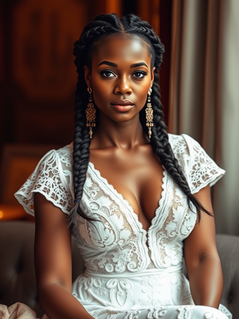 Create a portrait of a refined and elegant Cape Verdean woman seated in a sophisticated setting. She has long, wavy hair styled in two thick braids that are pulled over her shoulders. She wears a white, lace gown with intricate patterns, featuring a deep V-neckline and short sleeves. The dress exudes a vintage charm with its delicate lacework. She is adorned with ornate, dangling earrings that add a touch of glamour to her appearance. The background is softly lit, with warm, ambient lighting that creates a cozy and inviting atmosphere. Her expression is poised and serene, capturing a sense of grace and elegance.