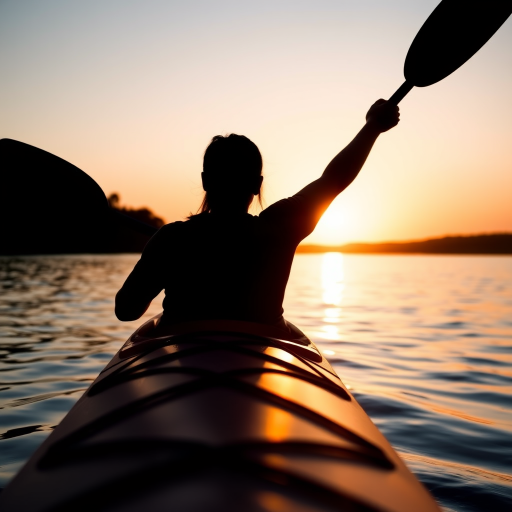 Create a high-resolution silhouette of a person kayaking at sunset with soft warm tones, using a DSLR camera with a 50mm lens, aperture set to f/2.8 for a shallow depth of field, ISO 100 for clarity, and a low angle shot to emphasize the horizon.