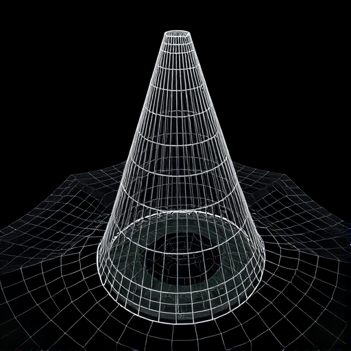 Generate a high-resolution wireframe image of a cone-shaped structure from a top-down perspective, using a DSLR camera with a focal length of 35mm, aperture set to f/8, ISO 200, and a focus on sharpness and clarity with a slight vignette effect.