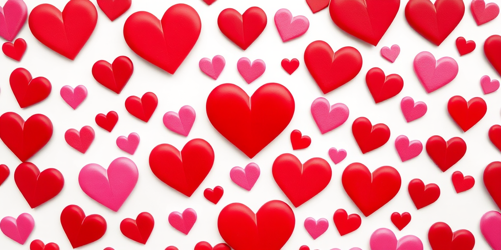 Create a vibrant heart-shaped pattern filled with various sizes of red and pink hearts on a white background, shot with a DSLR camera at f/2.8 aperture, ISO 100, 50mm lens, in a close-up view for enhanced detail and clarity.