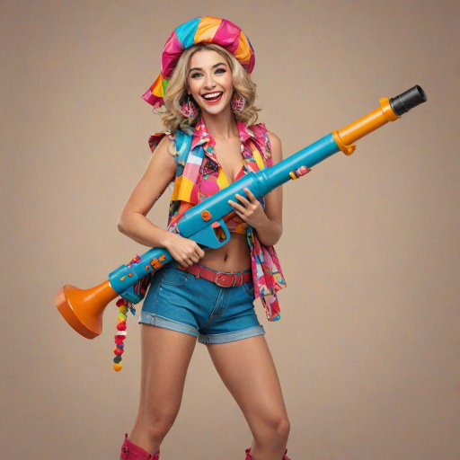 A playful woman holds a bazooka with a mischievous grin, her pose exaggerated and cartoonish. She’s dressed in a colorful, quirky outfit with oversized accessories, giving her a whimsical and fun appearance. The bazooka, although large, is designed in a cute, almost toy-like style, adding to the humorous and lighthearted vibe of the scene. The background is bright and cheerful, enhancing the overall playful atmosphere.
We share ALL our prompts in the Bing Image Prompts group:
