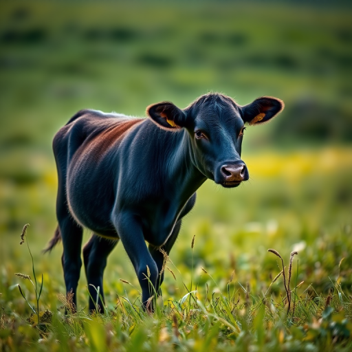 a black calf standing in a green meadow, soft natural lighting, shallow depth of field, ISO 200, f/2.8, 1/500 sec, DSLR, portrait orientation, high resolution, vivid colors