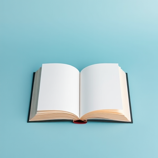 Create an image of an open book with blank pages, set against a light blue background, captured with a Canon EOS R5 at f/4, 1/200 sec, ISO 100, using a 50mm lens from a top-down view to emphasize the book's shape and depth, in a minimalist style.