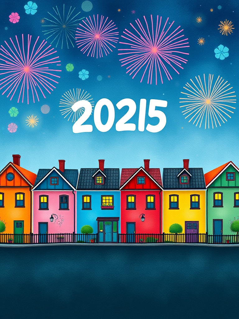 Create a vibrant illustration of colorful houses in a row with fireworks lighting up the night sky above, featuring a bold "2025" in the center, using a Canon EOS R5 with a 24-70mm lens at f/8, ISO 200, and a focal length of 50mm in landscape orientation with a watercolor style.