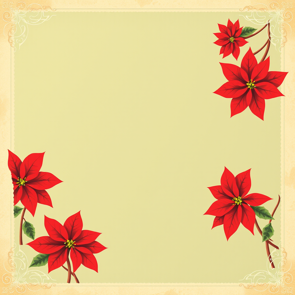 Create a vintage-style illustration of a festive background with red poinsettias in the corners, using a soft focus lens, f/2.8 aperture, 50mm focal length, natural light, and a DSLR camera for enhanced image quality.
