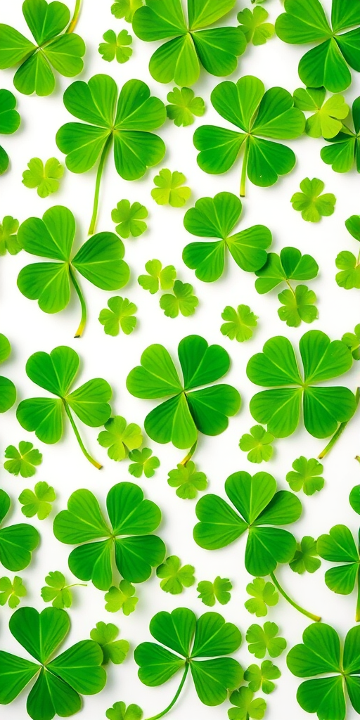 Generate a seamless pattern of clovers and green leaves on a white background, capturing vibrant shades of green, using a Canon EOS R5 with a 50mm f/1.2 lens, aperture set to f/5.6, ISO 100, and a slight top-down angle for a flat lay effect.