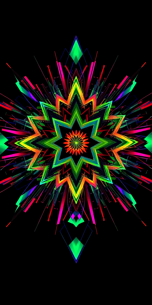 Generate an abstract digital art piece featuring geometric patterns and vibrant colors on a black background, with a high resolution of 4K, using a DSLR camera at f/8 aperture, 1/60 shutter speed, ISO 200, wide-angle lens, and a top-down view to enhance details and clarity.