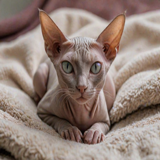 A close-up photograph of a beautiful sphinx cat lounging comfortably on a plush blanket, its skin shimmering under soft, natural light, highlighting the delicate details of its fur-free body and expressive eyes