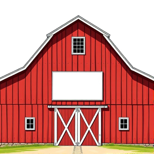 Create a detailed illustration of a classic red barn with a brown roof, including a white rectangular sign area, vibrant colors, with a perspective view, shot with a DSLR camera at f/8 aperture, ISO 200, in natural daylight for enhanced clarity and sharpness.