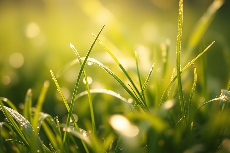 close-up of dewy grass with soft sunlight filtering through, shallow depth of field, ISO 100, f/2.8, 50mm lens, natural soft bokeh, DSLR camera