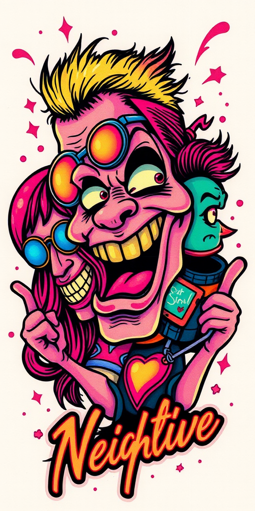 New school tattoo called "Neon Nightlife" depicting exaggerated cartoon-style characters in vibrant, eye-catching colors with bold outlines and playful distortions of reality
