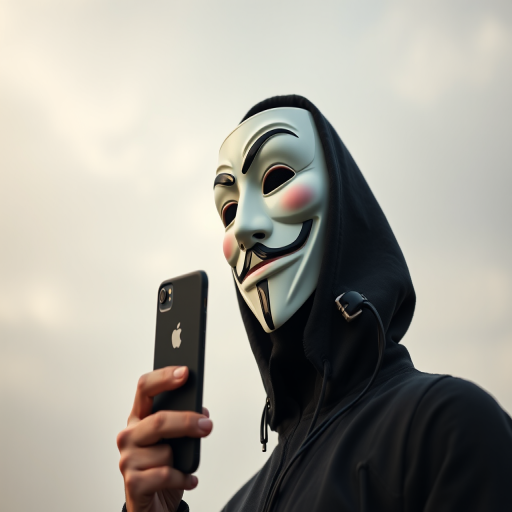 A masked figure with a Guy Fawkes mask holding a smartphone, against a soft, cloudy background, shot with a Canon EOS R5, 50mm lens, f/1.8, ISO 200, 1/200 sec, natural light, sharp focus on the mask, shallow depth of field.