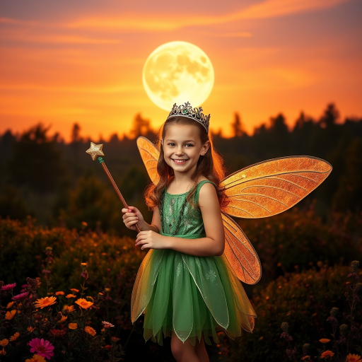 A vivid photo  taken under a bright camera flash of a fantastical scene set against a backdrop of a forest during sunset. The main subject is a girl dressed as a fairy, adorned with translucent wings and a green dress, holding a wand, her face is happy, and she wears a crown on her head. The forest behind her is a blend of flowers, shrubs and trees. The sky is painted in hues of orange and pink, with a large, glowing moon casting a warm glow over the scene. The overall color palette is dominated by earthy tones.