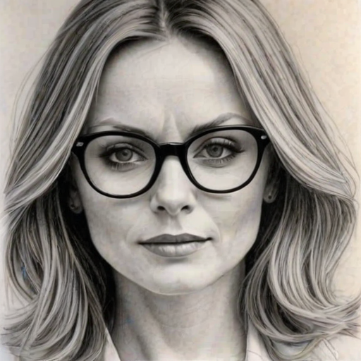 Exquisite Geri Halliwell, pencil sketch, portrait of Charming woman 1972s in glasses, hair style beatnik, outline, clear lines, fine lines, 8k