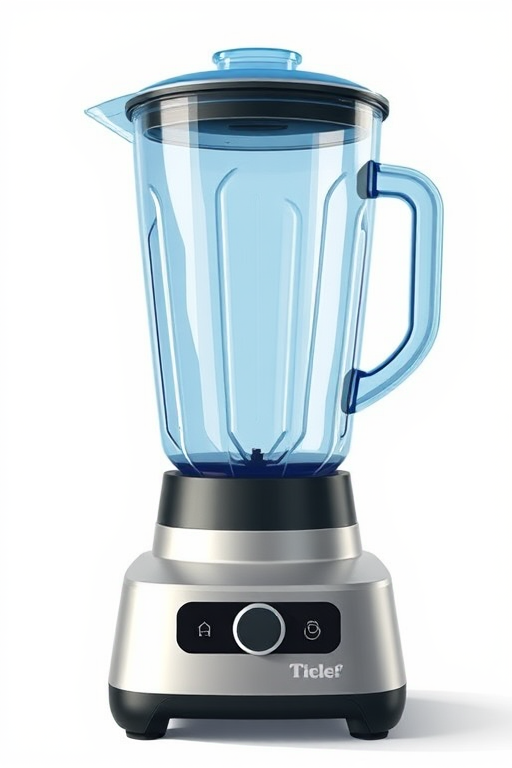 Create a highly detailed illustration of a modern blender with a transparent blue pitcher and silver base, using a DSLR camera with a 50mm lens, f/2.8 aperture, ISO 200, in soft natural lighting, captured from a straight-on view to highlight its features.