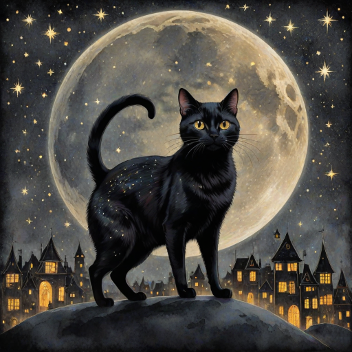 a stylized black cat with iridescent golden arabesques all over its body, on a grungy smoky black background with matching celestial designs, a full moon with silhouettes of lit houses, bright shooting stars, dazzling, magical BG, reminiscent of Christmas wonderland