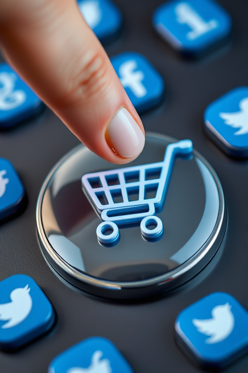 Generate an image of a shopping cart icon on a glossy button with a hand pointer hovering above it, surrounded by various social media icons in blue, with a DSLR camera, f/2.8 aperture, ISO 100, 50mm lens, natural light, in a close-up view to enhance detail and clarity.