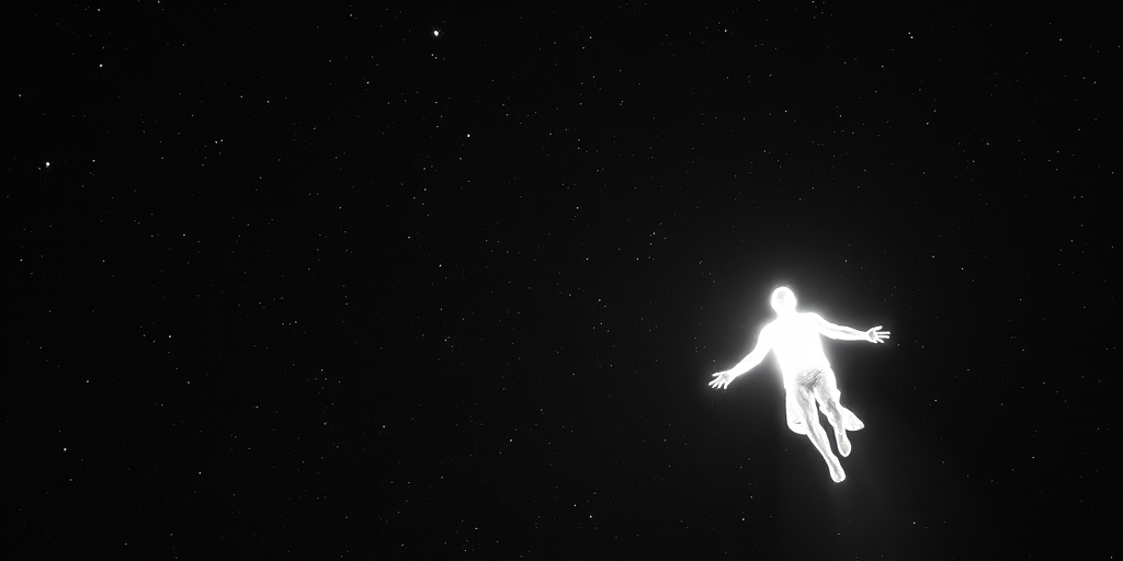 Create a high-contrast monochrome image of a glowing figure floating in space, using a Canon EOS R5 with a 50mm f/1.2 lens, aperture set to f/2.8, ISO 100, with a focus on the figure and a deep field of stars in the background.