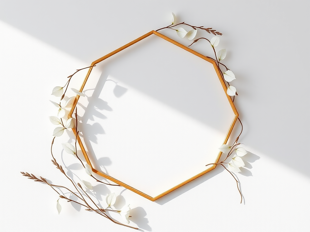 Regenerate a modern, elegant design featuring a hexagonal frame decorated with delicate leaves in a minimalist style, using a Canon EOS 5D Mark IV with a 50mm lens at f/2.8, ISO 100, 1/250s, shot from a top-down view in natural light for enhanced quality.