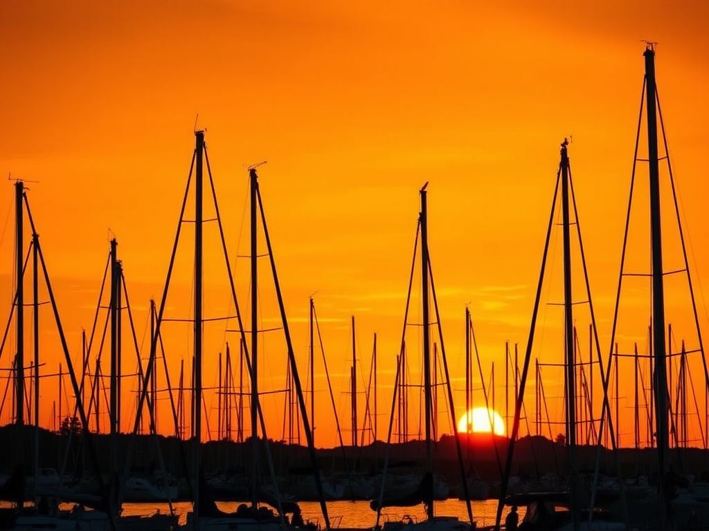 capture a tranquil sunset over a marina filled with sailboats silhouetted against a vibrant orange sky using a DSLR camera with a 50mm lens at f/8, ISO 200, 1/200s, shot from a low angle to emphasize the masts.