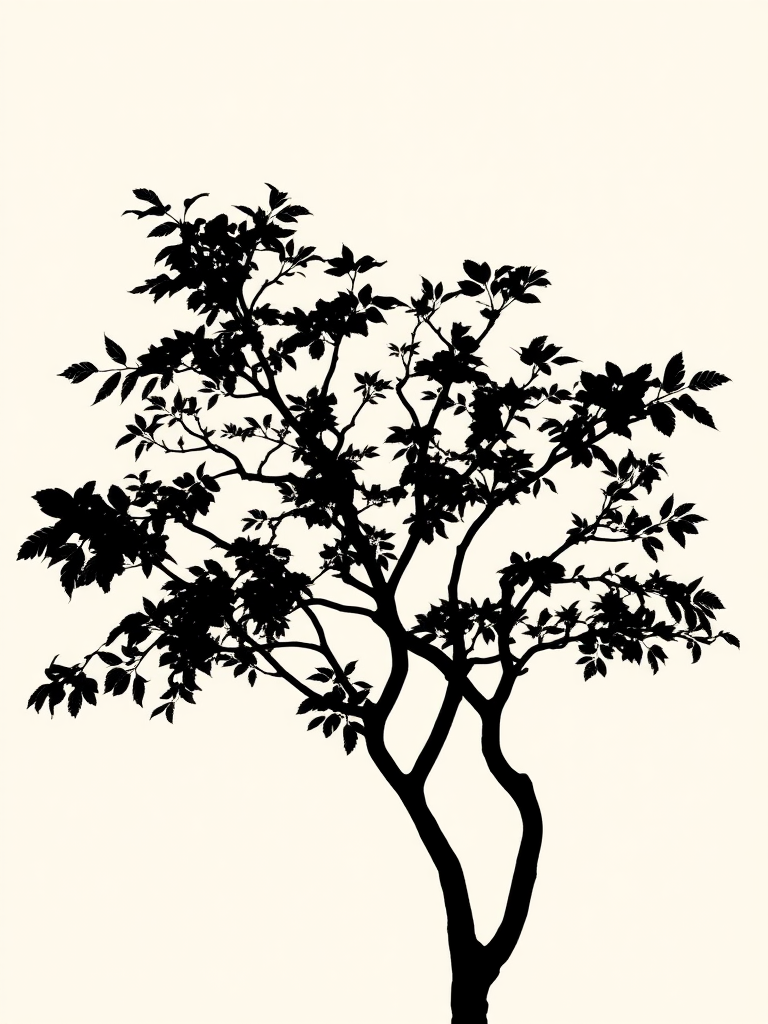generate a high-resolution image of a stylized tree silhouette with intricate leaf details against a solid background, captured with a DSLR camera at f/4 aperture, ISO 100, focal length 50mm, using a panoramic view to enhance visual depth.