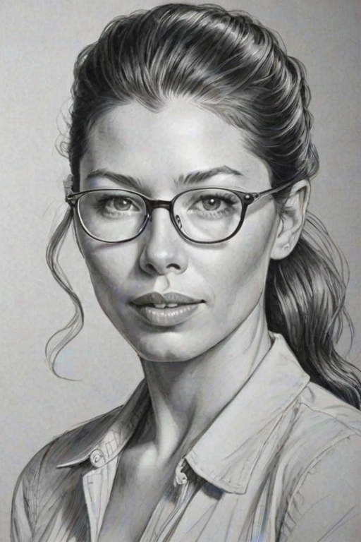 Fetching Jessica Biel, pencil sketch, portrait of Superb woman 1937s in glasses, hair style beatnik, outline, clear lines, fine lines, 8k