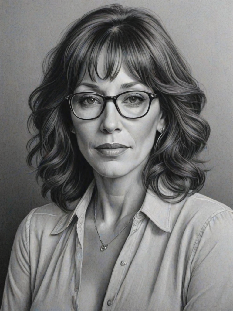 Sublime Katey Sagal, pencil sketch, portrait of Elegant woman 1920s in glasses, hair style beatnik, outline, clear lines, fine lines, 8k