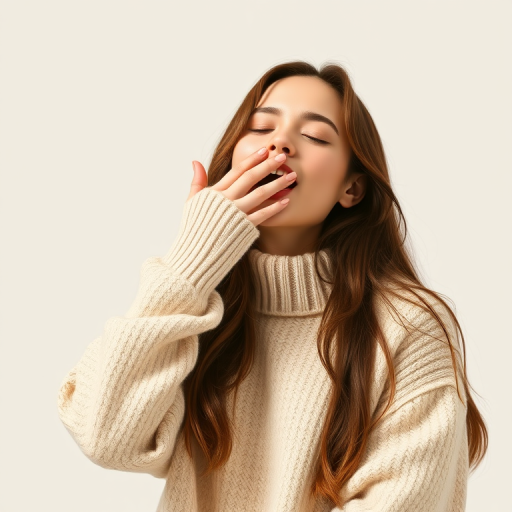 Create a high-resolution digital illustration of a woman with long hair, wearing a soft, oversized beige sweater, yawning and covering her face with one hand, set against a minimalistic light grey background, using a Canon EOS R5 with a 50mm lens, aperture f/1.8, ISO 100, natural lighting for a soft, inviting atmosphere.