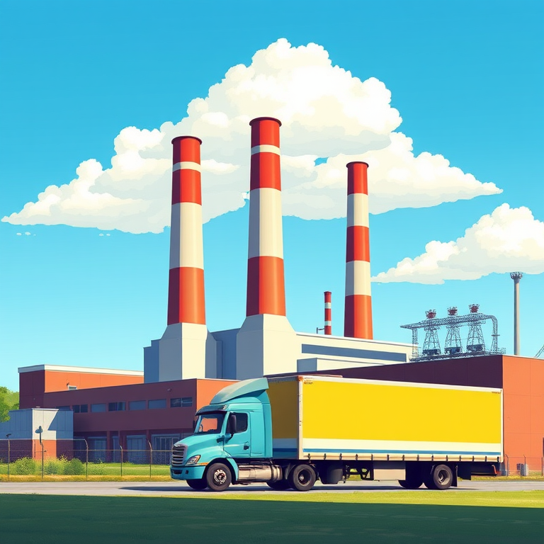 Generate an illustration of a factory with three tall chimneys and a delivery truck parked in front, set against a bright blue sky with a few fluffy clouds, using a digital art style with a 50mm lens, aperture f/8, and a focus on vibrant colors to enhance clarity and detail.