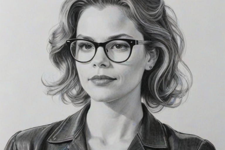 Sublime Bethany Joy Lenz, pencil sketch, portrait of Resplendent woman 1952s in glasses, hair style beatnik, outline, clear lines, fine lines, 8k