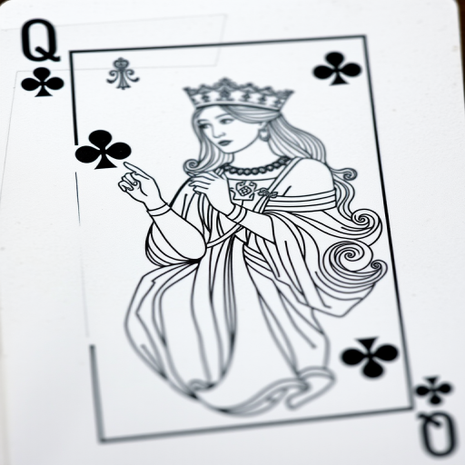 Regenerate an illustration of the Queen of Clubs playing card with intricate line art, using a DSLR camera with a 50mm lens, ISO 100, f/8 aperture, and a soft daylight setting for optimal clarity and detail.