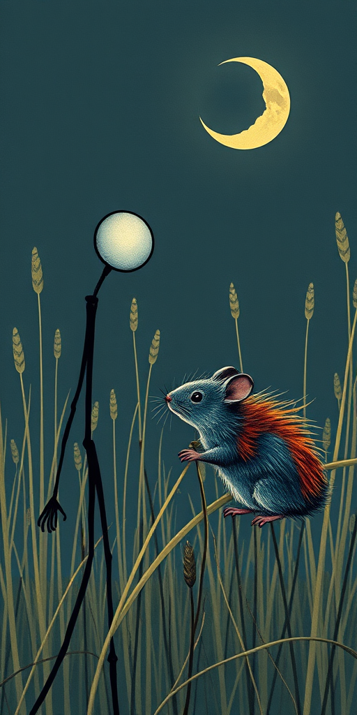 A classic figure of a stickman with thin black lines, standing in the wild grass looking at a hairy, colorful mouse with a waning moon in his last quarter in the background