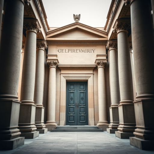 Capture a high-resolution image of a classic stone mausoleum door framed by tall Corinthian columns, in soft natural lighting with a shallow depth of field, using a DSLR camera set to f/2.8, ISO 100, 50mm lens, and shoot from the front at eye level to emphasize architectural details.