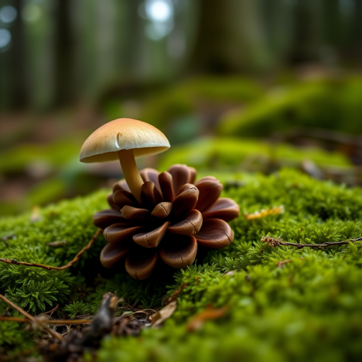 macro shot of a single mushroom on a pine cone surrounded by moss in a forest setting, low angle view, shallow depth of field, f/2.8 aperture, 1/100 sec shutter speed, ISO 200, natural soft lighting, DSLR camera