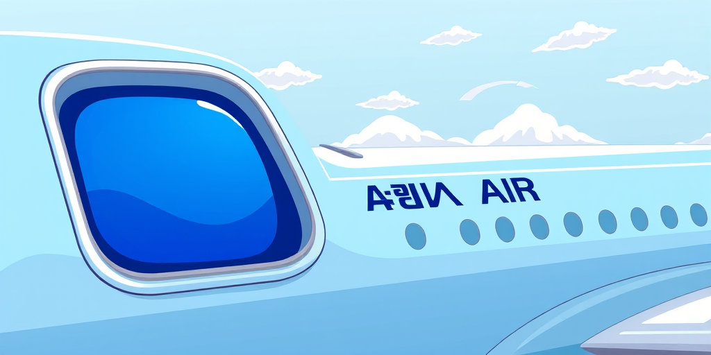 A cartoon-style illustration of a light blue airplane with a large blue window, Korean Air logo, and whimsical clouds in the background, shot with a DSLR camera at f/2.8, ISO 100, and 50mm lens to enhance color saturation and sharpness.