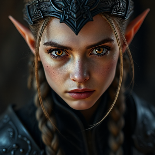 Generate a highly detailed portrait of a female elf with striking orange and brown eyes, wearing dark, intricate armor and featuring long braided hair, in a soft-focused dimly lit studio setting; use 85mm lens, f/1.8, ISO 100, with a shallow depth of field to highlight the facial features and textures.