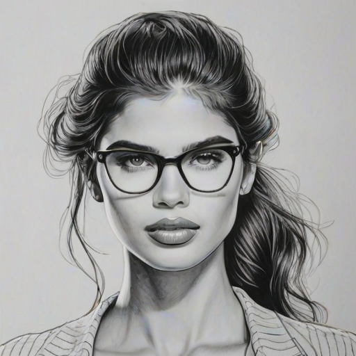 Elegant Sara Sampaio, pencil sketch, portrait of Dazzling woman 1934s in glasses, hair style beatnik, outline, clear lines, fine lines, 8k